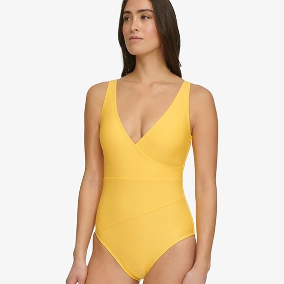 Tommy Hilfiger Women's V-Neck Swimsuit Honey Yellow Full Coverage Size 10‎ HTF - Picture 1 of 16